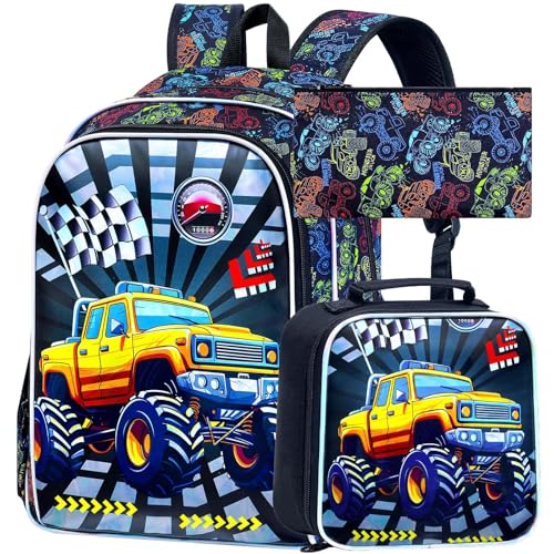 16" Truck Backpack for Boys, 3Pcs Bookbag with Lunch Box, Kids School Backpacks Set for Elementary Preschool Kindergarten (Balck) - color: Truck Yellow