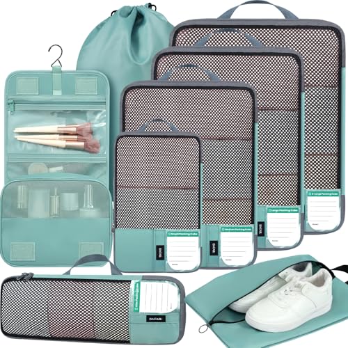BAGAIL 4 Set/6 Set/8 Set Compression Packing Cubes Travel Accessories Expandable Packing Organizers(HalfMesh,8-DustyBlue) - color: 8-Dusty Blue, style: Half Mesh