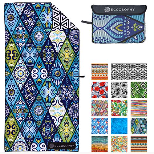 ECCOSOPHY Microfiber Beach Towel - Sand Free Towels are Quick Dry, Light Weight, Super Absorbent - Perfect Pool, Travel, Cruise, Camping Essentials - Oversized Extra Large for Adults 71x35 in - color: Mykonos
