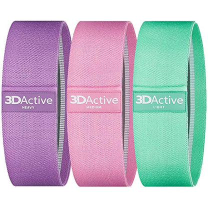 3DActive Fabric Resistance Bands for Legs & Butt. Wide Non-Slip Hip Band Set for Home & Gym Workouts. Exercise Guide & Carry Bag Included. - color: Purple, Pink, Green