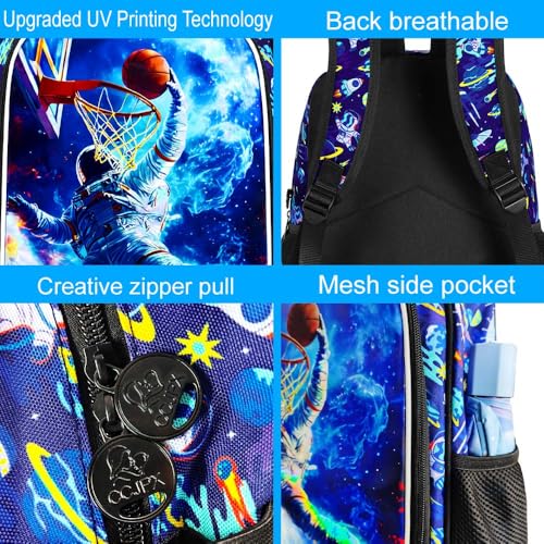 HPJGD 3PCS Kids Astronaut Backpack, Water Resistant Bookbag for Boys Set with Lunch Box, Cool School Bag for Elementary Preschool Toddler - Basketball Astronaut - color: Cool Uv Printed Astronaut Basketball Blue