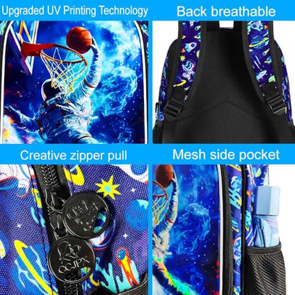 HPJGD 3PCS Kids Astronaut Backpack, Water Resistant Bookbag for Boys Set with Lunch Box, Cool School Bag for Elementary Preschool Toddler - Basketball Astronaut - color: Cool Uv Printed Astronaut Basketball Blue