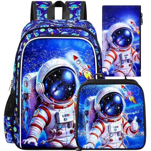 HPJGD 3PCS Astronaut Bookbag for Boys, Water Resistant Kids Backpack Set with Lunch Box, Cool School Bag for Elementary Preschool Toddler - Thumbs-Up Astronaut - color: Cool Uv Printed Thumbs-up Astronaut Blue