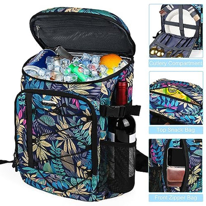 HXLGMD Backpack Coolers Insulated Leak Proof 30 Cans, Soft Sided Insulated Cooler Bags Ice Chest Backpack for Beach Travel Camping, with Reusable Ice Packs - color: Tropical Leaves