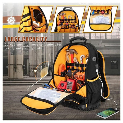 Rugged yet Comfortable Tool Backpack with Hard Molded Bottom and Tool Pouch, Heavy Duty 1680D Tool Bag with Laptop Sleeve, Multiple Pockets for Power Tools and Hand Tools, USB Port, Padded Straps