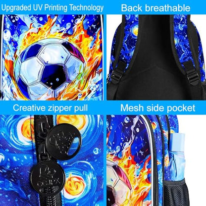 HPJGD 3PCS Soccer Backpack for Boys, Water Resistant Kids Bookbag Set with Lunch Box, Cool School Bag for Elementary Preschool Toddler - Fire & Water Soccer - color: Cool Uv Printed Fire and Water Soccer Blue