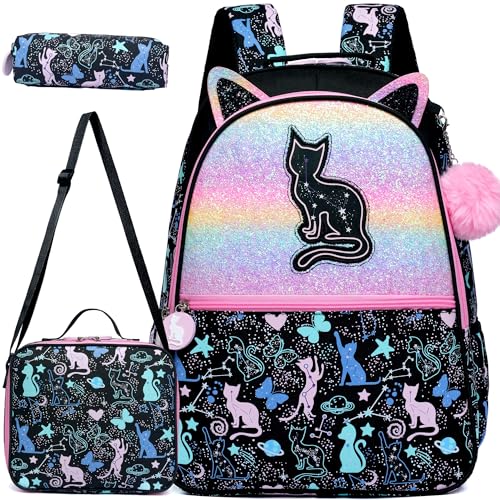 Cute Cat School Backpacks for Girls Backpacks for School Black Bookbag with Lunch Box for Elementary Students Ages 6-8 Years Old - color: Black Cat