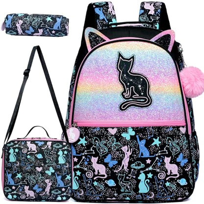 Cute Cat School Backpacks for Girls Backpacks for School Black Bookbag with Lunch Box for Elementary Students Ages 6-8 Years Old - color: Black Cat