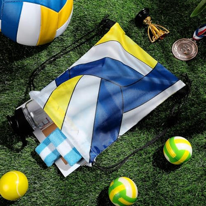 Dansydaisy 12 Pcs 12 In Volleyball Drawstring Backpack Bag Goodie Snack Gift Bags Sports Party Favors String Backpack Bulk(Blue, Yellow, White) - color: Blue, Yellow, White