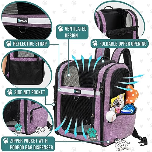 PetAmi Dog Backpack Carrier for Cats and Small Dogs, 4-Way Entry Ventilated Mesh Pet Carrier for Hiking Travel, Foldable Top with Sherpa Bed, Reflective and Poop Bag Dispenser, Up to 18 lbs, Purple - color: Purple