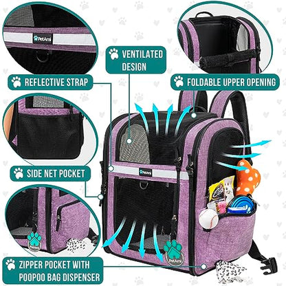 PetAmi Dog Backpack Carrier for Cats and Small Dogs, 4-Way Entry Ventilated Mesh Pet Carrier for Hiking Travel, Foldable Top with Sherpa Bed, Reflective and Poop Bag Dispenser, Up to 18 lbs, Purple - color: Purple