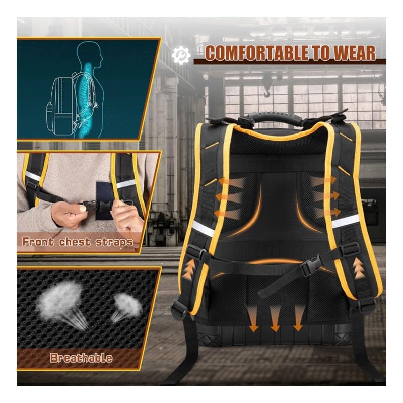 Rugged yet Comfortable Tool Backpack with Hard Molded Bottom and Tool Pouch, Heavy Duty 1680D Tool Bag with Laptop Sleeve, Multiple Pockets for Power Tools and Hand Tools, USB Port, Padded Straps