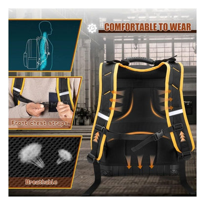 Rugged yet Comfortable Tool Backpack with Hard Molded Bottom and Tool Pouch, Heavy Duty 1680D Tool Bag with Laptop Sleeve, Multiple Pockets for Power Tools and Hand Tools, USB Port, Padded Straps