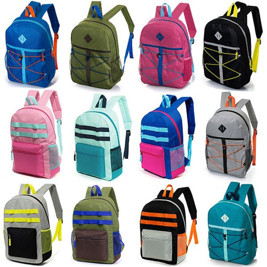 Moda West 24-Pack 17" Bungee Cord Backpacks for Kids - Bookbags in Bulk for Elementary, Middle, and High School Students, 12 Assorted Colors & Prints - size: 17", style: Solid Print 12 a