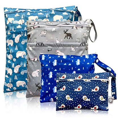Waterproof and Reusable Wet Bag Diaper Stroller Water Resistant Swimsuit Travel Toiletries Yoga Gym Washable Carrier Small Medium Large Winter Animal 4 Pack - color: Winter Animal
