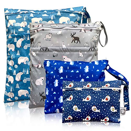 Waterproof and Reusable Wet Bag Diaper Stroller Water Resistant Swimsuit Travel Toiletries Yoga Gym Washable Carrier Small Medium Large Winter Animal 4 Pack - color: Winter Animal