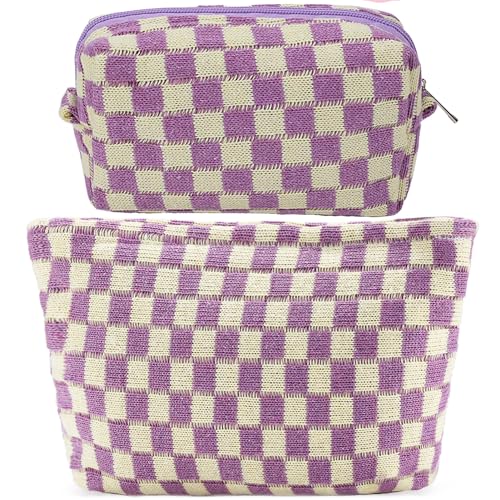 ZLFSRQ 2Pcs Checkered Makeup Bag for Women Large Small Checkered Cosmetic Bag Set Aesthetic Preppy Pencil Case Cute Pencil Pouch Purple Makeup Pouch for Purse Travel Toiletry Bags Zipper Skincare Bags - color: B-Checkered 2Pcs Mix Purple