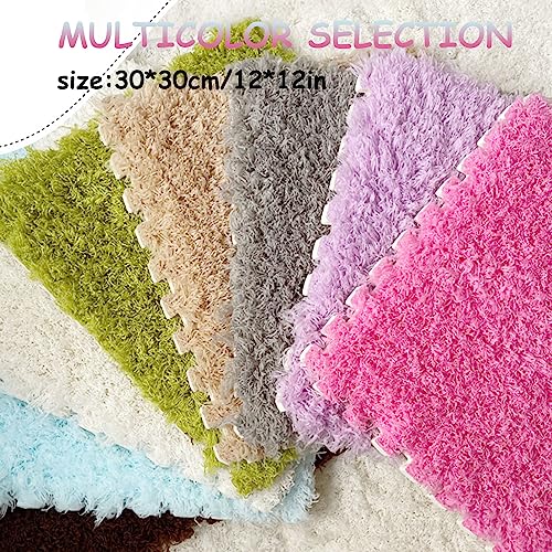 Thickened Plush Foam Interlocking Floor Carpet Mat,24 Piece 12x12in Fluffy Square Puzzle Foam Carpet Tiles with Edgings,Soft Anti-Slip Shaggy Area Rug Playmat(Color:Rose red+Blue) - color: Rose Red+blue
