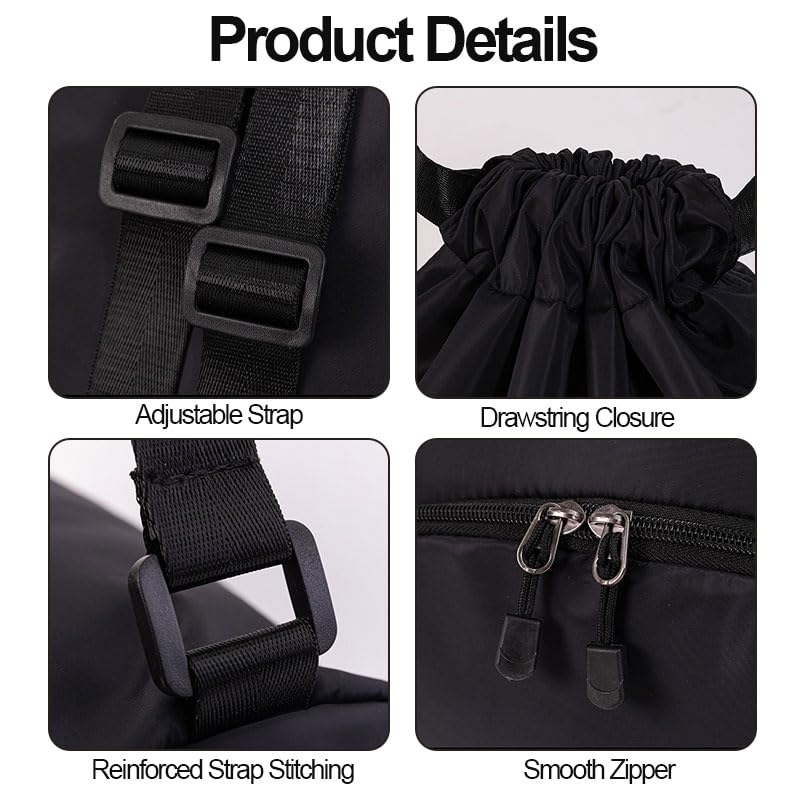 Drawstring Backpack Gym Bag with Front Zipper Pocket & Side Compartments, Adjustable Shoulder Straps for Commute Gym Travel, Daily Essentials Fitness Gear Organizer, Black