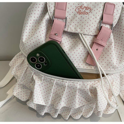 Cute Polka Dot Lace Backpack for Women Flap-top Casual Backpack Cute Nylon Bookbag - color: White