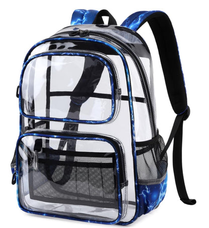 Sisipoet Clear Backpack for Boys with Lightning Print, Heavy Duty Transparent Bookbag for School, Stadium, and Concert, Blue - color: Blue/Lightning