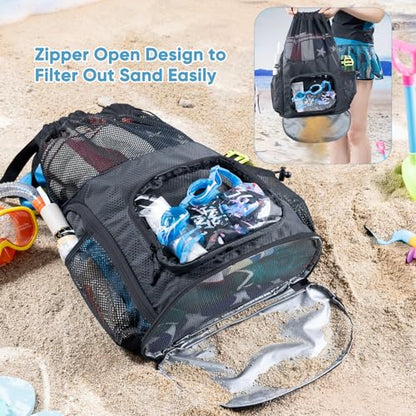 Mesh Drawstring Backpack with Shoe Compartment, Sandproof Beach Swim Bag with Wet Pocket, Pool Gym Shower Bag for Travel Summer Camp - color: Black, style: Style a