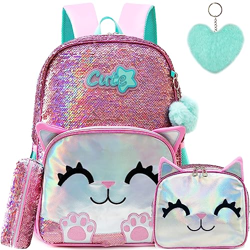 Meetbelify Cute Backpack for Girls Pink Cat School Backpacks Kids Sequin Bookbag for Elementary Kindergarten Students with Lunch Box Pencil Case for Girls 5-12 Years Old - color: Sequin Cat Pink
