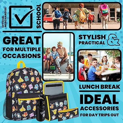 Pokemon Backpack Set 4 Pcs for Kids with Backpack Water Bottle Pencil Case Lunch Bag or Wallet Anime School Supplies Gifts (Black/Multi) - color: Black/Multi