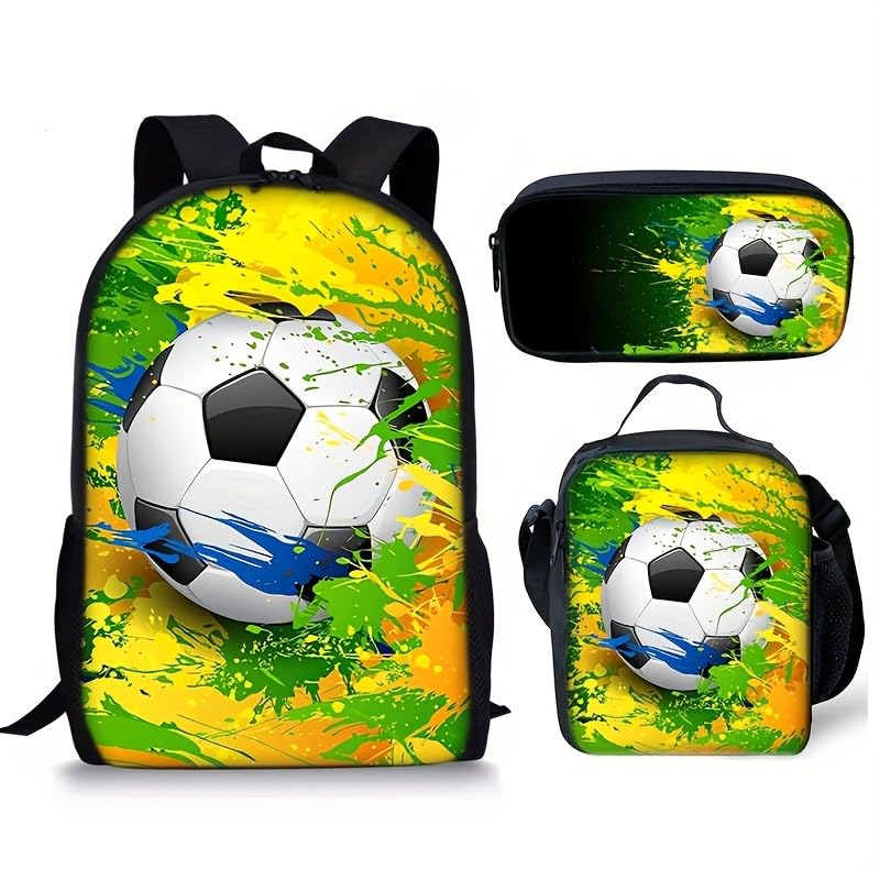 3PCS Soccer Backpack Set, 16" Lightweight Football Daypack, Soccer Ball Print Casual Laptop Backpack for Travel Camping Work (style-8) - color: Style-8