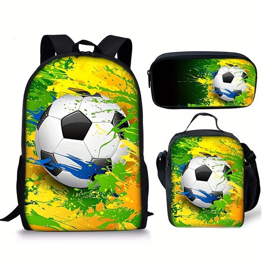 3PCS Soccer Backpack Set, 16" Lightweight Football Daypack, Soccer Ball Print Casual Laptop Backpack for Travel Camping Work (style-8) - color: Style-8