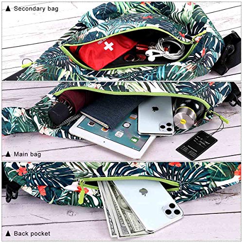 HUA ANGEL Crossbody Sling Bag for Men & Women Lightweight Waterproof Chest Shoulder Bag for Travel Hiking & Everyday Use - color: Green Leaf Print