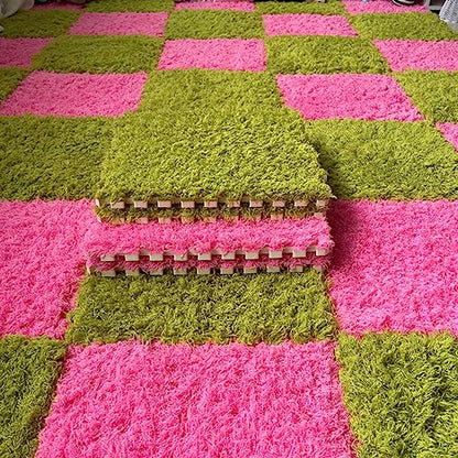 Thickened Plush Foam Interlocking Floor Carpet Mat,24 Piece 12x12in Fluffy Square Puzzle Foam Carpet Tiles with Edgings,Soft Anti-Slip Shaggy Area Rug Playmat(Color:Rose red+Green) - color: Rose Red+green