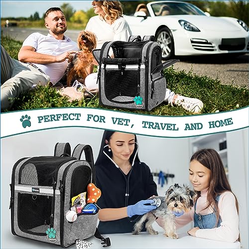 PetAmi Dog Backpack Carrier for Cats and Small Dogs, 4-Way Entry Ventilated Pet Carrier for Hiking Travel, Foldable Top with Sherpa Bed, Reflective and Poop Bag Dispenser, Up to 18 lbs, Heather Grey - color: Heather Grey
