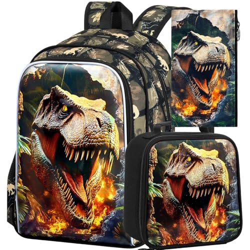 3Pcs Dinosaur Backpack for Boys, 16" Kids School Bookbag with Lunch Box, Dino Backpacks Set for Elementary Preschool Kindergarten(Brown) - color: Dionsaur Brown01