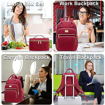 Weitars Lunch Backpack for Women,15.6 Inch Laptop Backpacks Travel Backpack for Women,Work Back pack,Teacher Nurse Back pack Insulated Lunchbox Backpacks - color: Wine Red