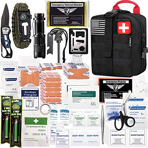 EVERLIT 250 Pieces Survival First Aid Kit IFAK EMT Molle Pouch Survival Kit Outdoor Gear Emergency Kits Trauma Bag for Camping Boat Hunting Hiking Home Car Earthquake and Adventures - color: Black