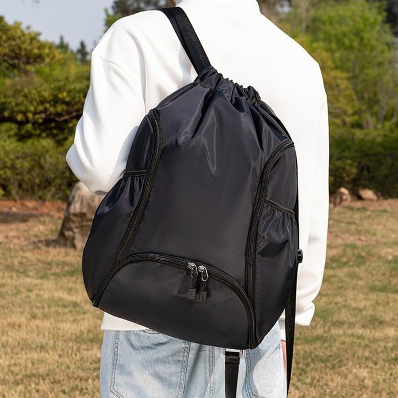Drawstring Backpack Gym Bag with Front Zipper Pocket & Side Compartments, Adjustable Shoulder Straps for Commute Gym Travel, Daily Essentials Fitness Gear Organizer, Black