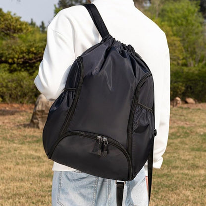 Drawstring Backpack Gym Bag with Front Zipper Pocket & Side Compartments, Adjustable Shoulder Straps for Commute Gym Travel, Daily Essentials Fitness Gear Organizer, Black
