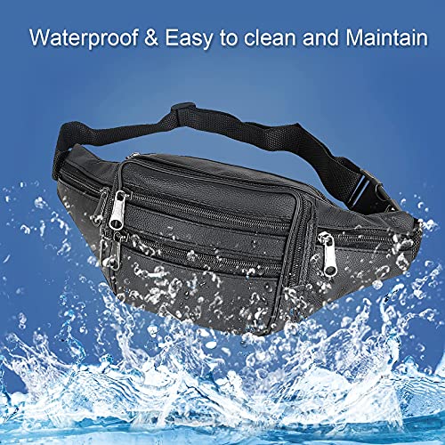 Leather Fanny Pack Travel Waist Bag 7 Pockets Waist Pack.Suitable for Outdoor Mountaineering Travel Camping Cycling Running etc FANNING511 Fanny pack (Black) - color: black