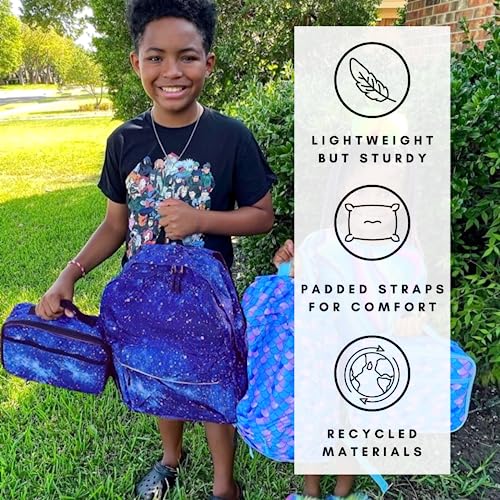 Fenrici Galaxy Backpack with Lunch Box & Bento Box Matching Set, Laptop Backpack, Insulated Lunch Bag for Girls, Boys, Bento Box with 5 Compartments, Purple Galaxy, Pastel Blue - color: Purple Galaxy