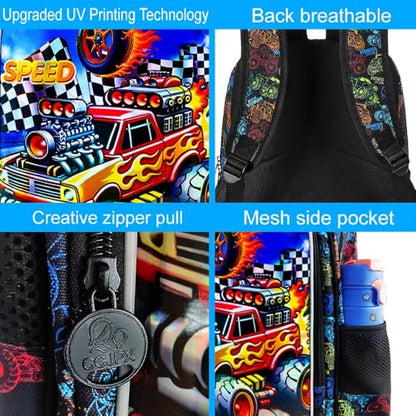 HPJGD 3PCS Truck Kids Backpack for Boys, Water Resistant Elementary Bookbag Set with Lunch Box, Cool School Bag for Preschool Toddler - Red Truck - color: Cool Uv Printed Bold Truck Red