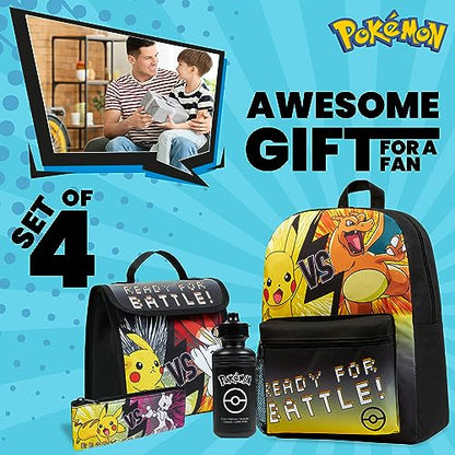 Pokemon Backpack Set 4 Pcs for Kids with Backpack Water Bottle Pencil Case and Insulated Lunch Bag or Wallet Anime School Supplies Gifts for Kids (Black/Yellow 4 Pcs Set) - color: Black/Yellow