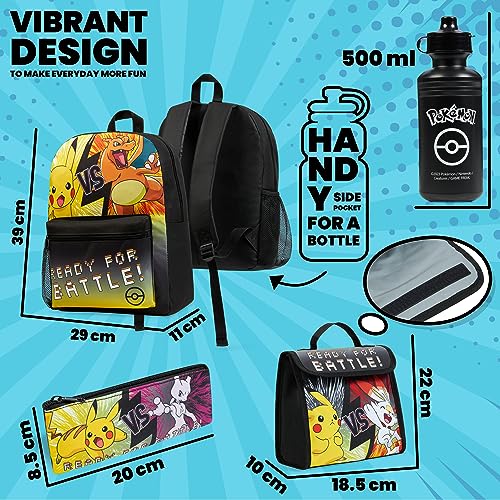 Pokemon Backpack Set 4 Pcs for Kids with Backpack Water Bottle Pencil Case and Insulated Lunch Bag or Wallet Anime School Supplies Gifts for Kids (Black/Yellow 4 Pcs Set) - color: Black/Yellow