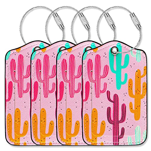 Luggage Tags for Suitcases-Leather Luggage Tag 4 Pack with Loops Cute Bag/Backpack/Suitcase Tags Pink Travel Accessories for Airport - color: Cactus Pink