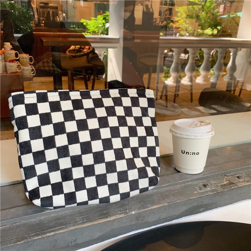 Flat Makeup Bag for Women,Zipper Cosmetic Pouch for Purse,Checkered Black - color: Checkered Black
