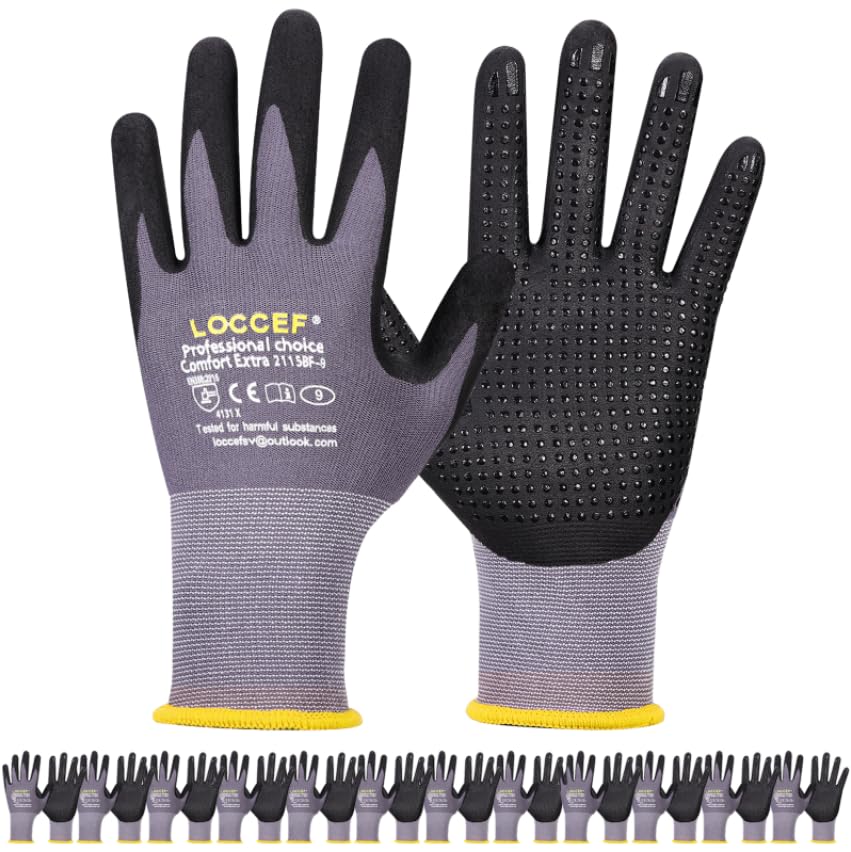 LOCCEF Work Gloves MicroFoam Nitrile Coated-6 Pairs,Endurance Seamless Knit Nylon,Dots on palm,Tacky Dot Grip Gloves - color: Black 12-pairs