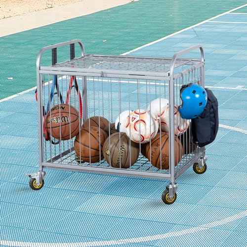 MyGift Large Capacity Metal Rolling Multi Sports Ball Cage Storage Hopper, Gym Equipment Basket Cart with Lockable Latch, Heavy Duty Caster Wheels, and 8 Accessory Hooks - color: Silver
