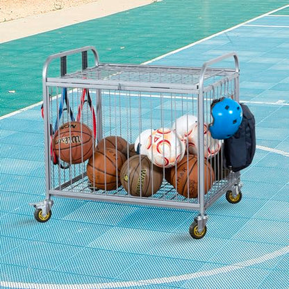 MyGift Large Capacity Metal Rolling Multi Sports Ball Cage Storage Hopper, Gym Equipment Basket Cart with Lockable Latch, Heavy Duty Caster Wheels, and 8 Accessory Hooks - color: Silver
