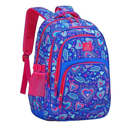 MYGOO Girls School Backpack Grove Heart Blue Bookbag for Elementary Middle School Ages 5-12, 17 inch Large Capacity 24L Kids Student Travel Bags - color: Grove Heart Blue