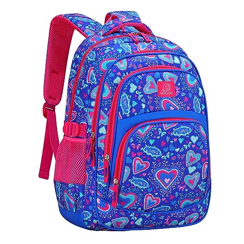 MYGOO Girls School Backpack Grove Heart Blue Bookbag for Elementary Middle School Ages 5-12, 17 inch Large Capacity 24L Kids Student Travel Bags - color: Grove Heart Blue